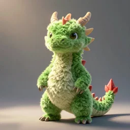 full body portrait of a short green fuzzy anthropomorphic male dragon standing on its hind legs and a red spike on the tip of the tail, soft lighting, artstation, extremely detailed