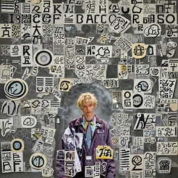 a realistic photo of blond Patrick Bateman in purple jacket, Kira Yoshikage in real life, studio photography , dark grey background, softly backlit, gentle smoke effect, photo courtesy Museum of art