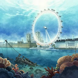 incredible wide screenshot, ultrawide, simple watercolor, rough paper texture, underwater london, westminster, london eye, backlit shot, fishing net, reef, wrecks, pencil marks, shinjuku, koji morimoto, katsuya terada, masamune shirow, tatsuyuki tanaka hd, 4 k, remaster, dynamic camera angle, deep 3 point perspective, fish eye, dynamic lighting