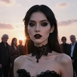 photographic portrait of a stunningly beautiful gothic female with black lace choker in soft dreamy light at sunset, god rays, contemporary fashion shoot, by edward robert hughes, annie leibovitz and steve mccurry, david lazar, jimmy nelsson, breathtaking, 8 k resolution, extremely detailed, beautiful, establishing shot, artistic, hyperrealistic, beautiful face, octane render