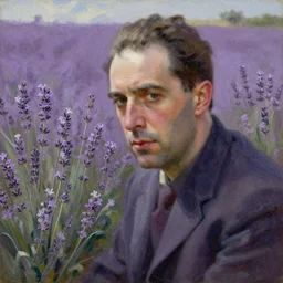 albert camus in a lavender field, subtle, intricate details, real masterpiece, oil on canvas