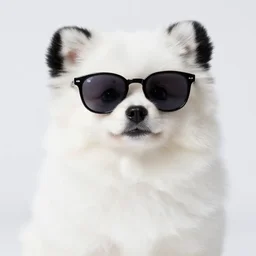 a closeup photorealistic photograph of a stylish panda themed Pomeranian puppy wearing sunglasses at the beach during sunset. A yacht floats in the distance. This 4K HD image is Trending on Artstation, featured on Behance, well-rendered, extra crisp, features intricate detail and the style of Unreal Engine.