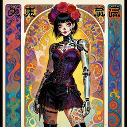 cute punk goth fashion fractal Día de los Muertos tattooed bionic girl posing by Zhang Jingna, psychedelic poster art of by Victor Moscoso Rick Griffin Alphonse Mucha Gustav Klimt Ayami Kojima Amano Charlie Bowater, masterpiece