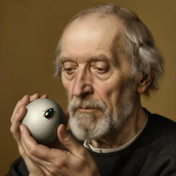 close up portrait of a dying old man with platonic solids and iridescent beetle. jan van eyck