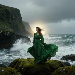 dark and moody 1 9 7 0's artistic spaghetti western film in color, a woman in a giant billowy wide long flowing waving green dress, standing inside a green mossy irish rocky scenic landscape, crashing waves and sea foam, volumetric lighting, backlit, moody, atmospheric, fog, extremely windy, soft focus