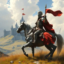 heavy cavalry lancer by greg rutkowski, stanley artgerm, artstation trending, castle landscape, landscape, sunny weather, intimidating, hyperrealism