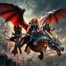 power metal band flying on a dragon