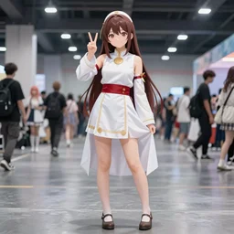 Digital anime art by WLOP and Mobius, A girl dressed up as a priestess poses for the camera, comics convention, making V sign, smiling, distant shot, full body shot, highly detailed