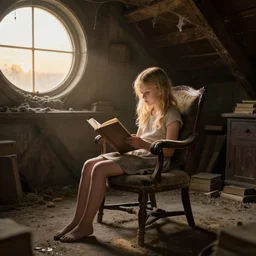 young blond haired girl reading a book on an old chair in a dusty attic, old library covered by cobwebs, dusty dirty floor, sunset light through round old dusty windows, hyperdetailed, artstation, cgsociety, 8 k