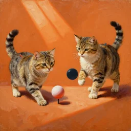 两只猫在橙色的背景前正在玩乒乓球, oil painting