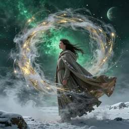 swirls of smoke and snow whirl around a young woman wearing a long flowing cloak blowing in the wind, swirling flashes of gold and silver light, traces of green, cinematic lighting, fantasy painting, distant planet