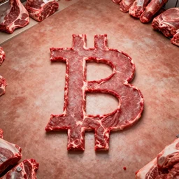 bitcoin logo made of raw meat in butchery floor, real photo