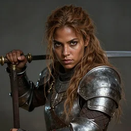 Female barbarian, beautiful, light brown messy hair, dark skin, brown eyes, detailed face, knight armor, battle stance, high fantasy, extremely detailed, matte painting