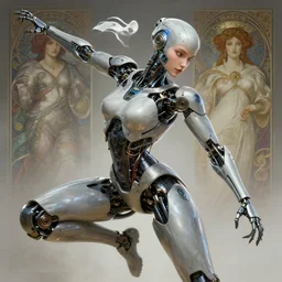 an anthropomorphic artificial intelligence, dynamic action pose, female, machine, intricate, highly detailed, digital painting, artstation, concept art, smooth, sharp focus, illustration, unreal engine 5, 8 k, art by artgerm and greg rutkowski and alphonse mucha