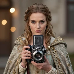 portrait photograph of a very beautiful nordic queen with ornate cloak, bokeh, graflex camera, macro 25mm