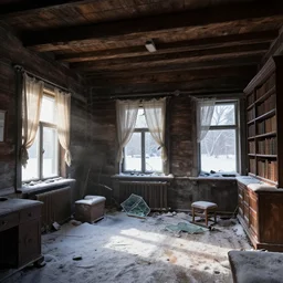 interior of a wooden abandoned 1 8 0 0's chalet, snowy floor, snow inside, broken glass, morning light through windows, floating old curtains, old library covered by snow, cold, hyperdetailed, artstation, cgsociety, 8 k