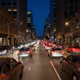traffic jam in san francisco at night, cars in foreground, traffic lights, high buildings, architecture, cars, reflections, cars, pov