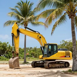 an excavator sunbathing under palm trees, holiday vibe, jcb, photo style, ultra realistic
