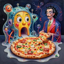 an extremely high quality hd surrealism painting of a 3 d perspective neon complimentary - colors cartoon surrealism melting sculpture gallery cast glass biological anatomical zaha hadid 4 d pizza by a much more skilled version of kandinskypicasso and salvia dali the fourth, salvador dali's much much much much more talented painter cousin, 8 k, ultra realistic, very realistic, nerves, veins, neurons, 4 k