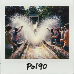 1 9 9 0 s vintage polaroid photograph of a log flume going down a slide making a big splash, during the day, crowd of people getting splashed with water, weathered image artifacts