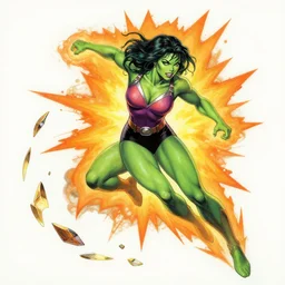 she hulk, orange spike aura in motion, floating pieces, painted by art by tsuyoshi nagano, greg rutkowski, artgerm, alphonse mucha, spike painting