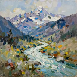 Abstract impasto painting of the Salmon River mountains by John Harris, 4k scan, oil on canvas,