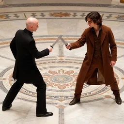Cinematic knife-duel between bald_hairless_Austin_Butler-dressed-in-black and Timothee_Chalamet_dressed-in-brown-felt, on a mosaic marble floor dais, intricately detailed