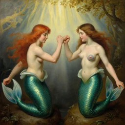 Two mermaids fist-bumping in victory, their fistbump backlit by crepuscular rays. Google gigapixel scan of highly detailed oil painting by Hieronymus Bosch