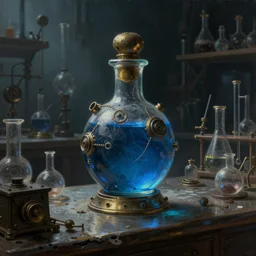 a painting of a steampunk blue mysterious potion bottle on a counter in a dark dusty vintage science lab, by h. r. giger, hyperrealistic fantasy art, concept matte, ethereal, dreamy, digital art, trending on artstation, volumetric cinematic lighting