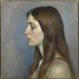 expressive medium shot profile view portrait of corinna kopf with long hair, brown and blue palette, oil painting, muted colors, artwork by lucian freud, arnold bocklin