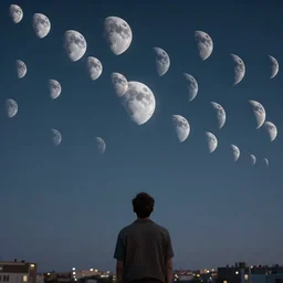 the sky is crowded with many multiple moons. a thousand moons in the sky. focus on the sky. man looking at the moons in the city sky. moons moons moons! fantasy art by noah bradley, patrick woodroffe, chris rahn. extremely high details, realistic, masterpiece, artstation contest winner