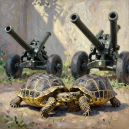 tortoises next to artillery guns by claude monet