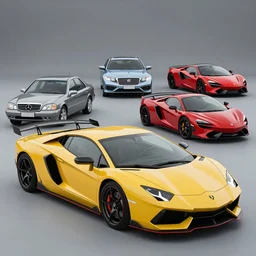 nissan gtr r 3 4, mercedez benz, honda civic, bentley, ferrari, mclaren and supra in the shape of a lamborghini huracan car design, car photography, 4 k, high resolution, highly detailed