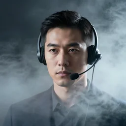 face portrait of a headset wearing telemarketer appearing out of misty steam
