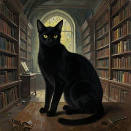 eldritch shadow cat in an old library, abandoned library, remedios varo painting, leonora carrington painting