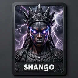 shango, african god of thuder with electric eyes, violent thunderstorm, dim light, front game card, marvel comics, dark, intricate, highly detailed, smooth, artstation, digital illustration by ruan jia and mandy jurgens and artgerm and wayne barlowe and greg rutkowski and zdislaw beksinski, and adi granov