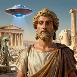 Classical Cartoon movie about an alien invasion Ancient Athens, UFOs, portrait, intricate, 8k highly professionally detailed, HDR, CGsociety