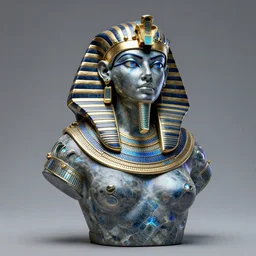 intricate holographic realistic bust sculpture of futuristic digital obese angry egyptian beautiful girl empress, stone and glass and gold, blue and black, masterpiece