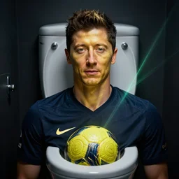 robert lewandowski as play football, nike logo on the tshirt in toilet, photorealistic face, golden skin, dark background, lasers