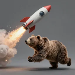 a bear running to catch a rocket ship that already launched, digital painting, fine detail, matte finish, 4 k