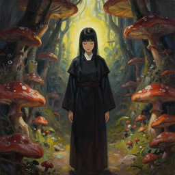 priestess in the fungus temple. gouache painting by award - winning mangaka, bloom, chiaroscuro, backlighting, depth of field.