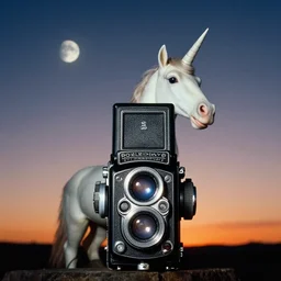 photograph taken by a rolleiflex tlr, 1 2 0 mm, portrait, a unicorn, sunset, shot by ryan mcginley, moon in sky, night time