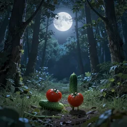 a tomato and a cucumber taking a walk through a moonlit forest, dreamlike, 4k,