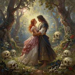 a fine painting of a glorious place where love conquers all yet death resides there, 8 k, ultra realistic, lens flare, atmosphere, glow, detailed, intricate, full of colour, cinematic lighting, trending on artstation, 4 k, hyperrealistic, focused, extreme details, unreal engine 5, cinematic, masterpiece