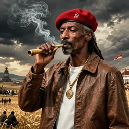 an epic socialist realism poster of communist snoop dogg in a red beret smoking a blunt for the proletariat
