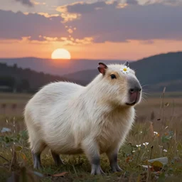 white capybara at irithyll of the boreal valley, surreal photography, sunrise dramatic light, impressionist painting, digital painting, artstation, kilian eng, john harris, bastien lecouffe - deharme, simon stalenhag, flower face