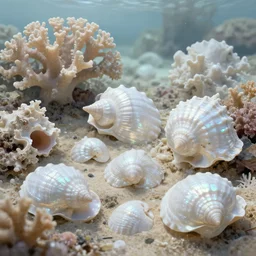 landscape, corals, nacre, sea, white, iridescent, shells. fantasy, digital painting, hd, highly detailed.