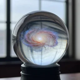 crystal ball containing a galaxy, serene, hyper detailed, photorealistic, 4k, sheen on glass, reflection from window