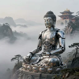 a detailed robotic cyborg buddha, a detailed temple on a misty mountain, volumetric fog, perspective painting, atmospheric shot, cinematic establishing shot, in the style of greg rutkowski, artstation, 4 k,