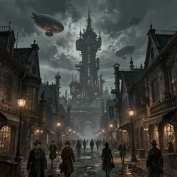concept art of a victorian industrial street filled with people at night and a monolithic dieselpunk tower on the horizon with steampunk zeppelins in the sky, grimy, gritty, trending on artstation, award winning painting, cgi, art by anton fadeev and john howe and simon stalenhag